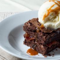 Double Chocolate Candied Bacon Brownie · Salted caramel, High Road vanilla ice cream, nuts