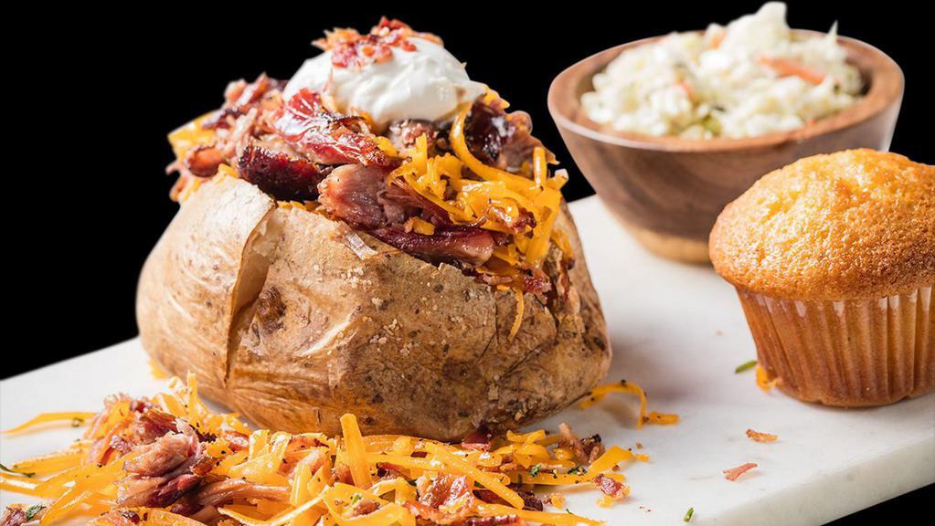 Bbq Stuffed Baked Potato · Choose: Georgia Chopped Pork, BBQ Pulled Chicken, or Texas Beef Brisket. Served with choice of 1 side (60-640 Cal) 750-830 Cal.