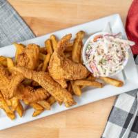 Chicken Strips And Fries · White meat chicken strips and breaded then fried golden brown, served with fries and your ch...