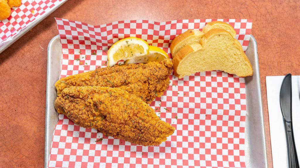 Delicious Fried Catfish · This delicious meal is fried to perfection. It is dipped with buttermilk and seasoned with cornmeal. Comes with your choice of one side.