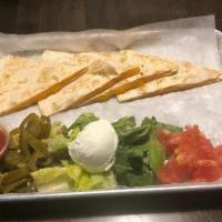 Cheese Quesadilla · Mexican version of a “grilled cheese”.. With lettuce, tomato, jalapeno, and salsa on the side