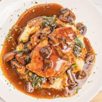 Chicken Marsala · chicken breast simmered with wild mushrooms and marsala wine sauce, served with mashed potat...