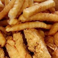 Tenders And Shrimp Plate · Three pieces of tenders and ten pieces of shrimp. Fries coleslaw and bread 16oz drink.