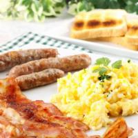 Combo Sausage With Bacon · 2  Scrambled Eggs
3 Sausages
3 Bacon Strips
2 pieces of toast with butter and Jelly