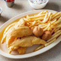 2 Fish W/Sides · SERVED WITH 4 PIECES OF FISH,FRIES AND HUSH PUPPY.