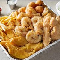  2(Catfish)4(Shrimp) · SERVED WITH 4 PIECES OF FISH AND 4 JUMBO SHRIMP,FRIES AND HUSH PUPPY