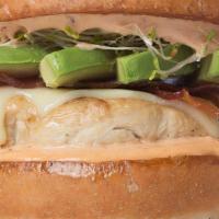 California Chicken Sandwich · Grilled chicken breast, bacon, Swiss cheese, sprouts, avocado & chipotle aioli on a freshly ...
