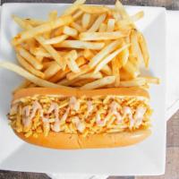 5Inco · House dog, housemade cilantro and 5inco pink sauce.  Add seasoned lemon pepper, cheese ,load...