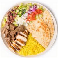 Platter · Served with Choice of Protein, small salad, fries or rice, pita and sauce.