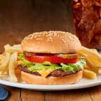 Cheeseburger Combo · A juicy all-beef burger patty topped with American cheese, lettuce, tomato, and pickles serv...