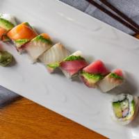 Rainbow Roll · California topped with tuna. salmon , white fish and avocado.