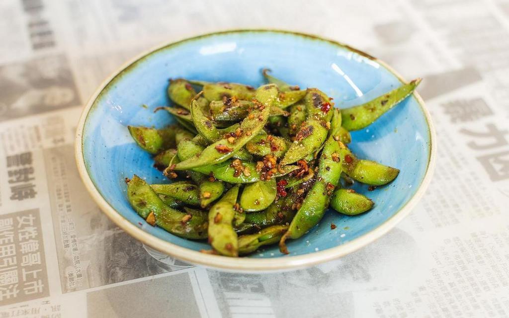 Edamame Chili Garlic · Tender soybean pods served with sea salt and sesame oil | Available Gluten Friendly | Available Veggie Friendly