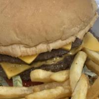 American Cheese Burger · Eight oz angus beef, lettuce, tomato, cheese, sauces, and French fries.