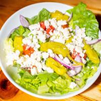 Greek Salad Sm · cucumber, tomato, onion, feta, kalamata olives, pepperoncini