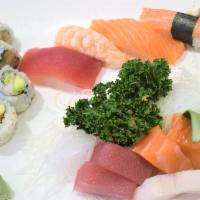 Sushi & Sashimi Combo · 3 pieces tuna, 3 pieces salmon, 3 pieces white fish sashimi, 7 pcs nigiri sushi and 1 spicy ...