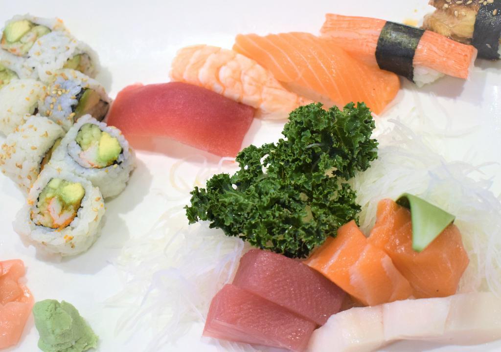Sushi & Sashimi Combo · 3 pieces tuna, 3 pieces salmon, 3 pieces white fish sashimi, 7 pcs nigiri sushi and 1 spicy tuna roll.