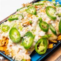 Buffalo Chicken Fries · Pulled Buffalo Chicken, Green Onions, Jalapeños, Blue Cheese Crumbles, Fries, Ranch Dressing