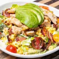 Chicken Cobb · Grilled or Fried Chicken, Bacon, Corn, Grape Tomatoes, Avocado, Romaine, Egg, Crumbled Blue ...