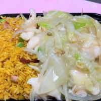 Chicken Chow Mein · Onions, Beansprout, and Napa Cabbage, with choice of meat, mixed together in white sauce. Co...