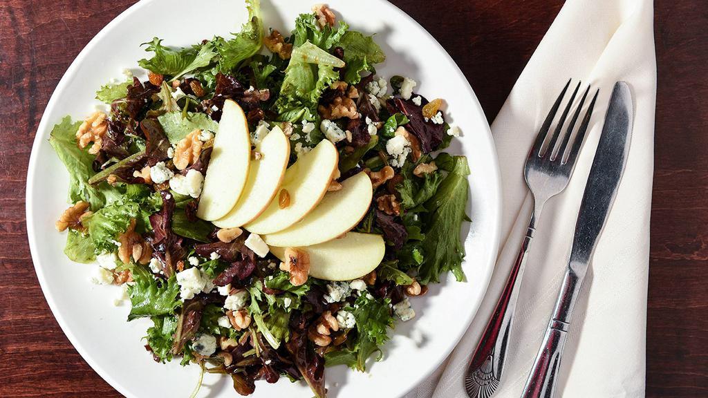 Sonoma Salad · House Specialty. Spring Mix, Raisins and Walnuts Tossed in House Made Balsamic Vinaigrette Topped with Gorgonzola Cheese and Apples.