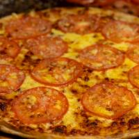 Major Tom Pie (Large) · Tomatoes, tomatoes, tomatoes cut into slices on top of a three cheeses pie; holland gouda, R...