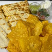 Pollo Quesadilla · Made with Pulled Chicken Breast seasoned to perfection, Grill melted in between a mix of che...