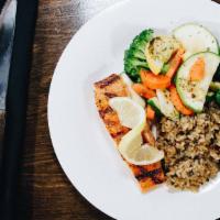 Grilled Salmon & Grilled Chicken · Gilled Salmon, Grilled Chicken, wild rice, steamed vegetables, rolls, and choice of salad, a...