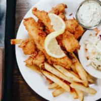Grouper Fingers · Strips of tender grouper fillet hand battered and fried golden brown. Served with fries, col...