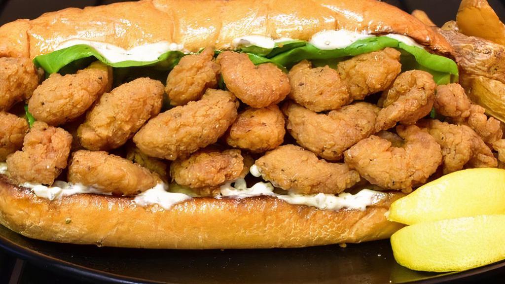 Shrimp Po'Boy · Tasty popcorn shrimp, with Bibb lettuce and tangy tartar sauce on a grilled hoagie roll.  Served with one side
