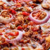 Traditional Crust - Meat Lovers Pizza 16 Inch · All the meats!  Chicken, Chicken Sausage, Bacon, , Ham, Red Onions and Sautéed peppers