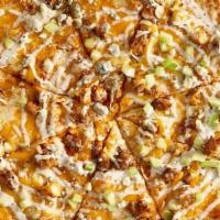 Traditional Crust - Buffalo Chicken Pizza 16 Inch · Our Home-Made Medium Buffalo Sauce, blue cheese crumbles, Hand-Breaded Chicken Tenders, and ...