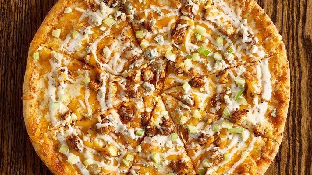 Traditional Crust - Buffalo Chicken Pizza 16 Inch · Our Home-Made Medium Buffalo Sauce, blue cheese crumbles, Hand-Breaded Chicken Tenders, and sliced celery