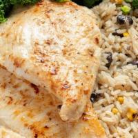 Grilled Chicken Platter · 2 Large Grilled Chicken Breasts served over Rice with two sides