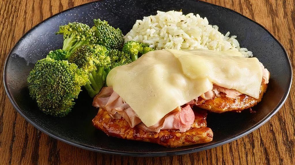 Ultimate Chicken Platter · 2 Huge chicken breasts, bathed in BBQ sauce and topped with grilled ham and Monterrey Jack cheese