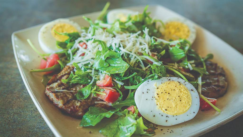 Breakfast Salad Egg Platter · 2 hard-boiled eggs, grilled turkey sausage, arugula & tomatoes tossed with tangy lemon dressing and  topped with Parmesan cheese