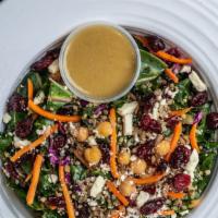Hail To The Kale Salad · blend of kale, purple cabbage, carrots, and scallions, tossed in a honey vinaigrette, topped...