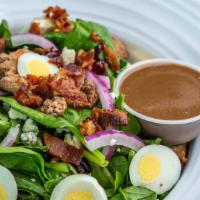 Spinach Salad · spinach, red onion, crumbled peppered maple bacon, hard-boiled egg, crumbled bleu cheese, Cr...
