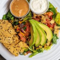 Tex-Mex Salad · romaine, tortilla chips, black beans, Cheddar cheese, sour cream, scallions, pico de gallo, ...