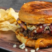Black-N-Bleu Burger · 8 oz premium sirloin burger, red onion, portabello mushroom, peppered maple bacon, bleu chee...