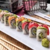 Rainbow Roll · California roll inside, red tuna, fresh salmon, yellowtail and avocado outside, topped with ...