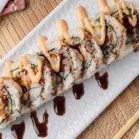 Spicy Shrimp Roll · Shrimp tempura, crab stick, cucumber, avocado inside, topped with spicy mayo and eel sauce.