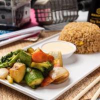 Vegetables And Fried Rice · Served with soup or salad, fried rice, vegetables and yum-yum sauce