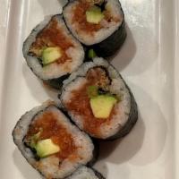 Kamikaze Roll · Spicy tuna, scallion, masago, tempura flake and avocado. Raw/undercooked.