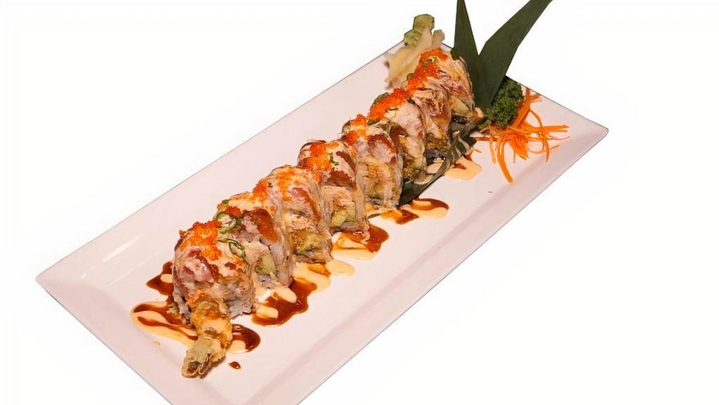 Red Dragon Roll · Shrimp tempura, snow crab meat and avocado topped with spicy tuna mix served with ell and spicy mayo sauce on top. Raw/undercooked.