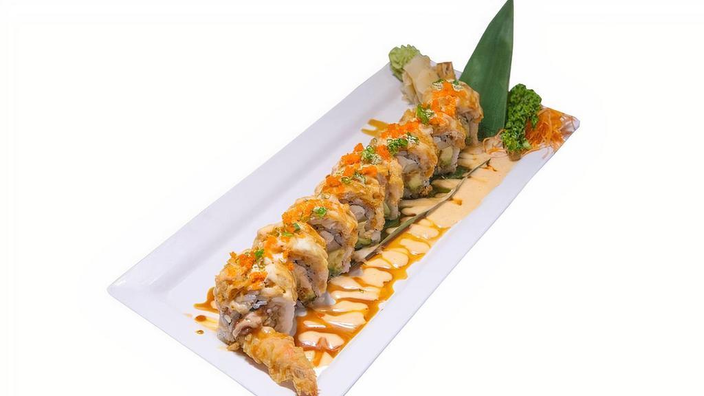 New York Roll · Shrimp tempura, eel, cream cheese, avocado,tempura flake topped with fried snapper in eel and spicy mayo sauce.