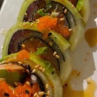 Sashimi Roll · Salmon, tuna, escolar, kani, avocado, scallion , asparagus , carrot , masago wrapped in cucu...