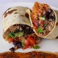 Burrito De Carnitas · Simmering pork with tomato, onions, guacamole, refried beans, and cheese wrapped on a flour ...