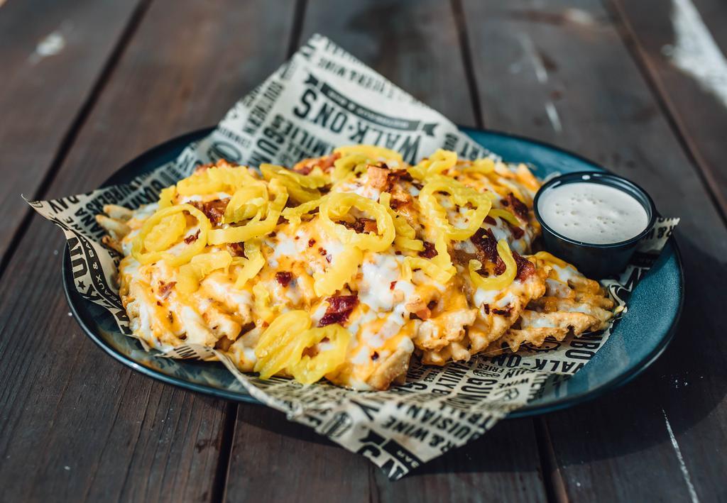 Waffle Cheese Fries (Small) · Monterey Jack, Cheddar, bacon, banana peppers, with chipotle ranch.