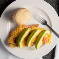 Sedona Omelette · House specialty chicken sausage, red onions, tomatoes, pepper jack cheese, topped with avoca...