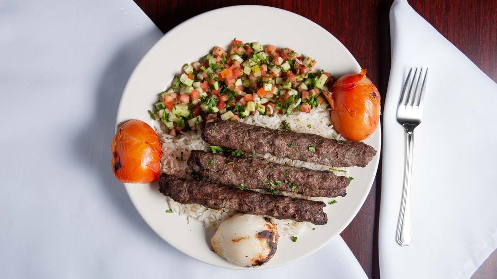 Kofta Kabab Plate · Ground lamb and beef spiced and broiled served with rice and salad.